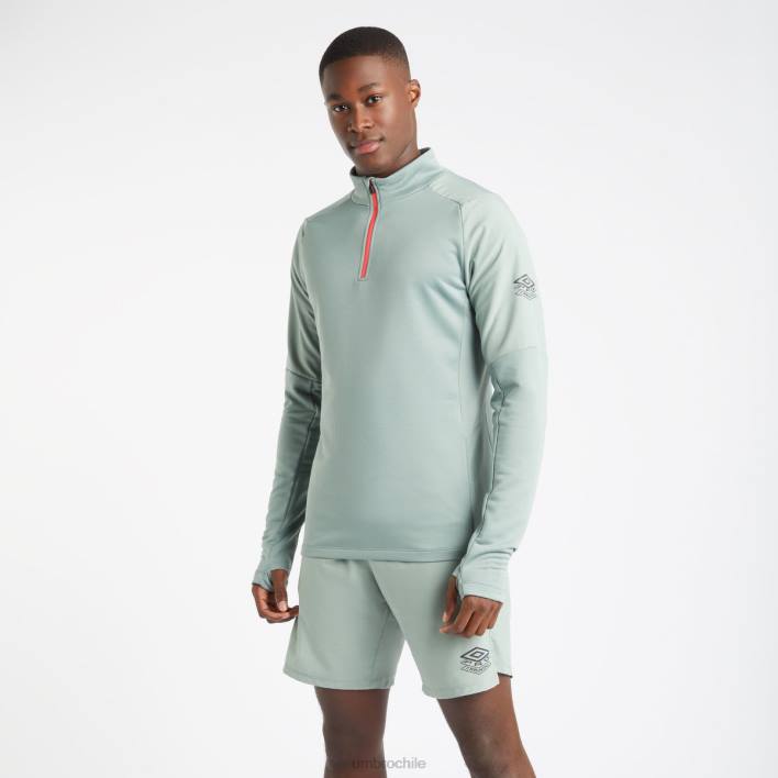 hombres Umbro verde chino/geranio camiseta híbrida de entrenamiento profesional con media cremallera ropa FTXL77